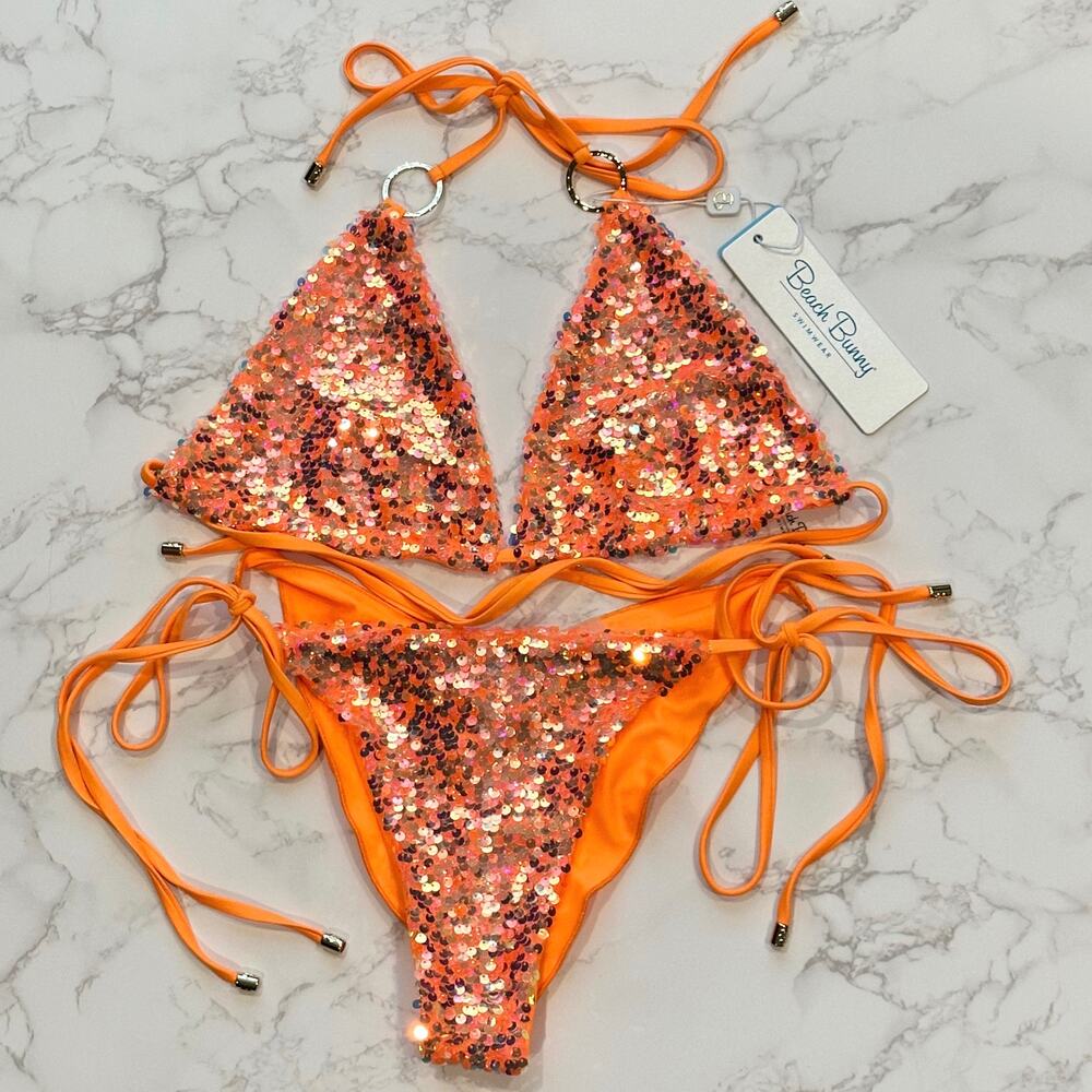 Beach Bunny Orange Icon Triangle Top DD & Icon L Tie Side Skimpy Bottom M $250 - Picture 11 of 14